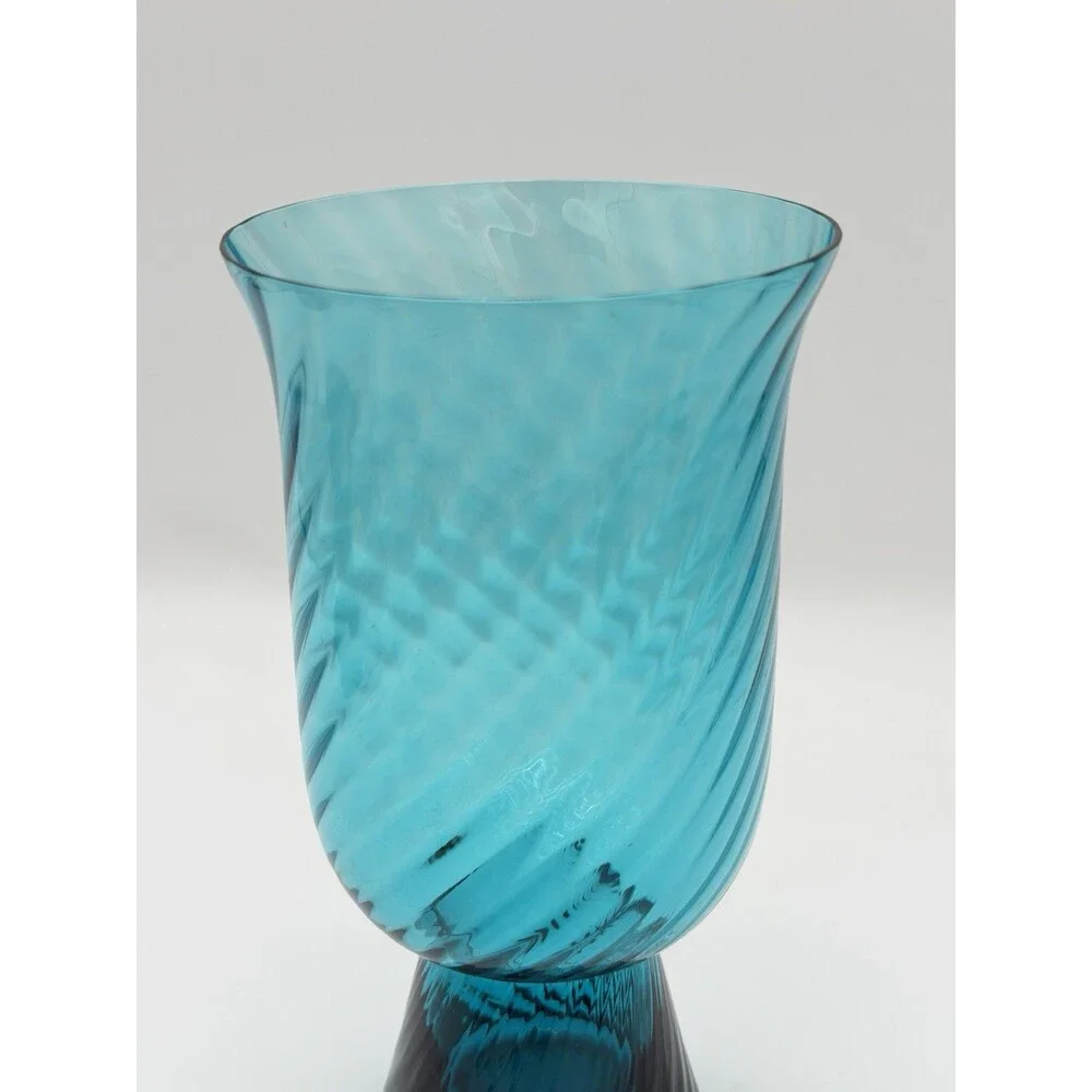 Empoli Italy Handblown Art Glass Diamond Optic Teal Pedestal Vase 8.5” Swirl